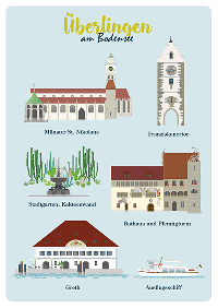 Postkarte mit Illustrationen der Überlinger Sehenswürdigkeiten