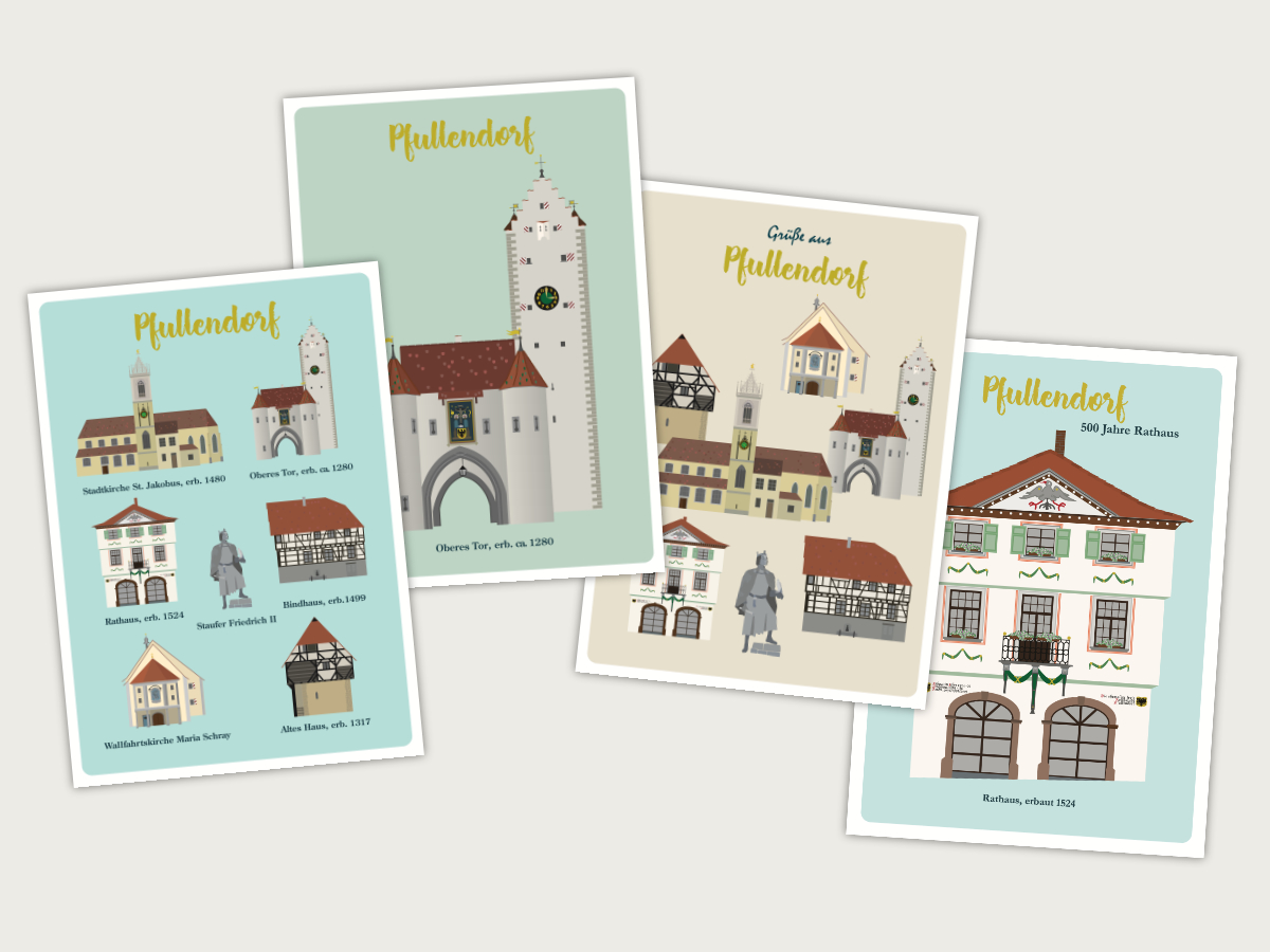 Postkarten-Set Pfullendorf mit Stadtkirche St. Jakobus, Oberes Tor, Rathaus, Bindhaus, Wallfahrtskirche Maria und Altes Haus