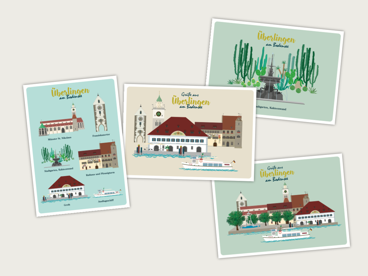 Postkarten-Set Überlingen mit Überlinger Münster, Gret, Franziskanertor, Rathaus mit Pfennigturm, Landungsplatz